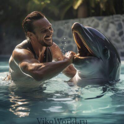 дельфин играет с человеком 